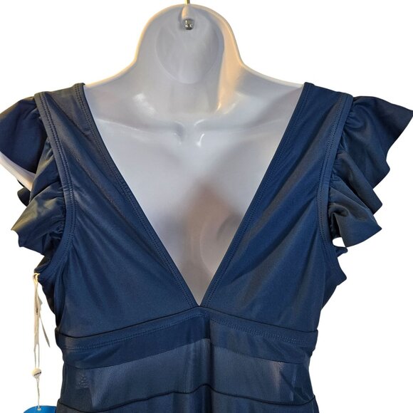 Womens Ruffled Sleeve Teal Blue One-Piece Swimsuit Mesh Paneling Size 16-18 - Picture 7 of 9